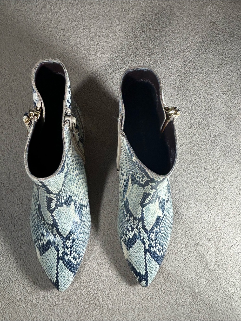 Cole Haan Blue & Gray Snake-Print Ankle Booties with Gold Zip 5.5 - Picture 5 of 10